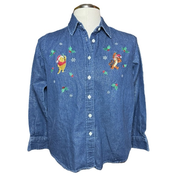 Disney Tops - Disney Vintage Christmas Winnie the Pooh and Tigger Denim Top